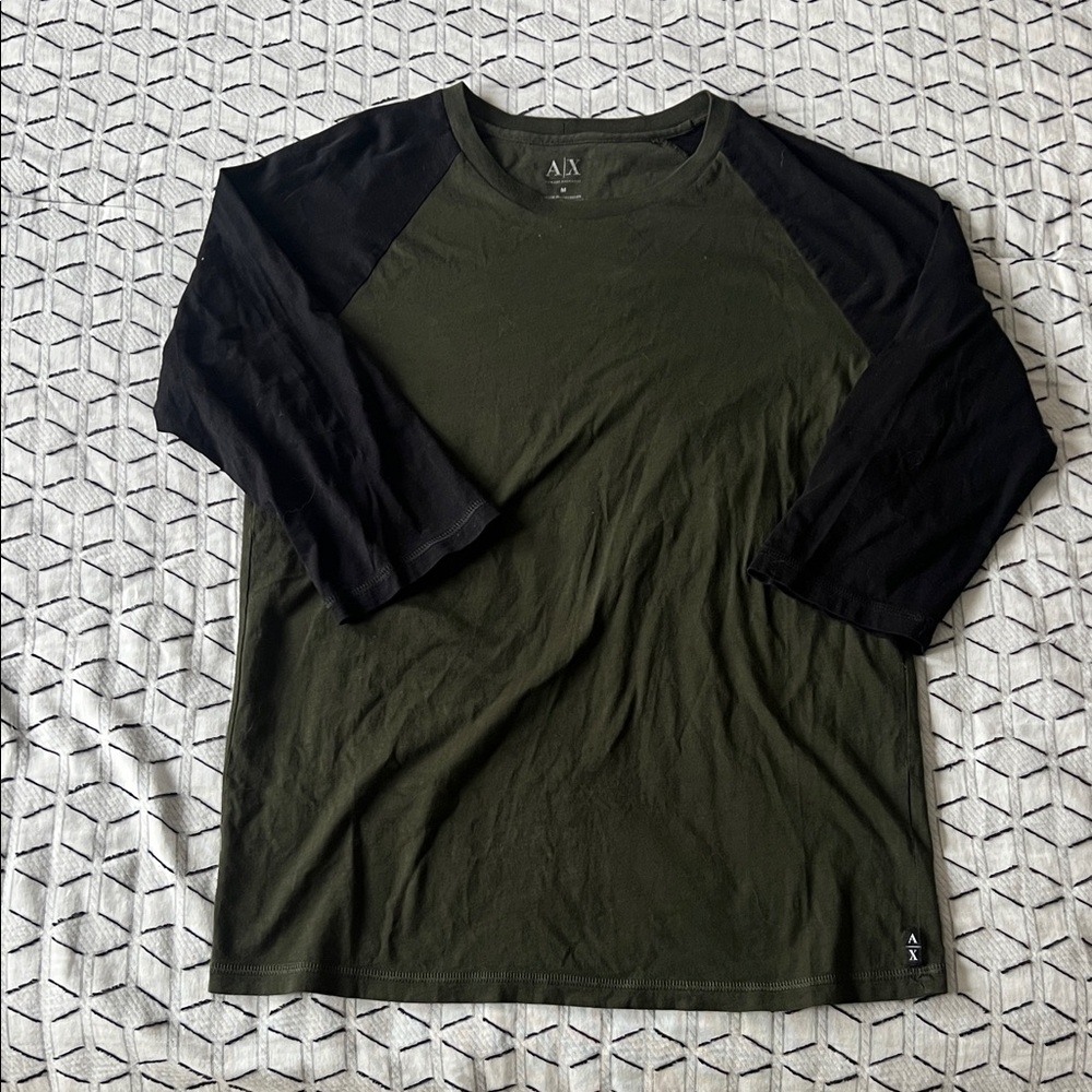 Armani Exchange Olive and Black 3/4 Sleeve Tee. Size Medium